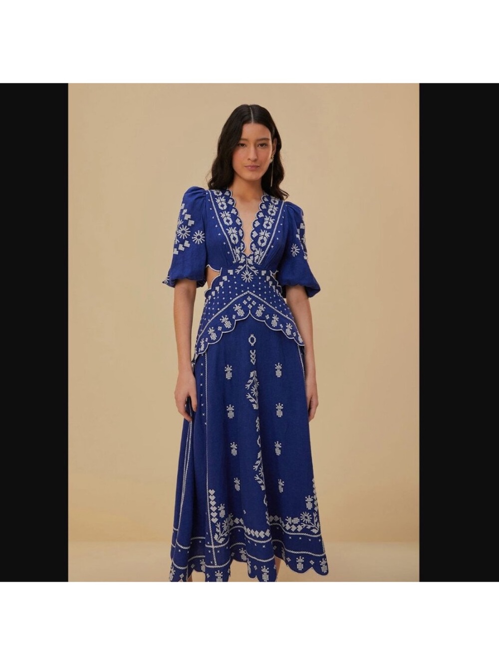 NWOT FARM Rio Blue Embroidered Midi Dress with White Accents